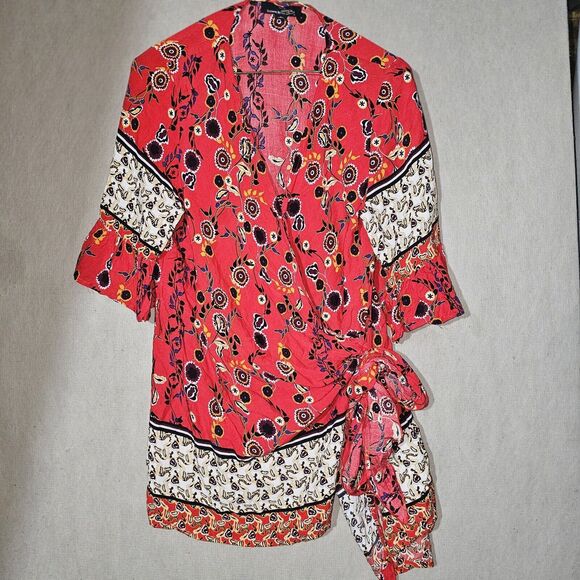 Suzanne Betro Red Boho Wrap Tunic Top Womens Large Lightweight Festival Duster - Picture 11 of 12